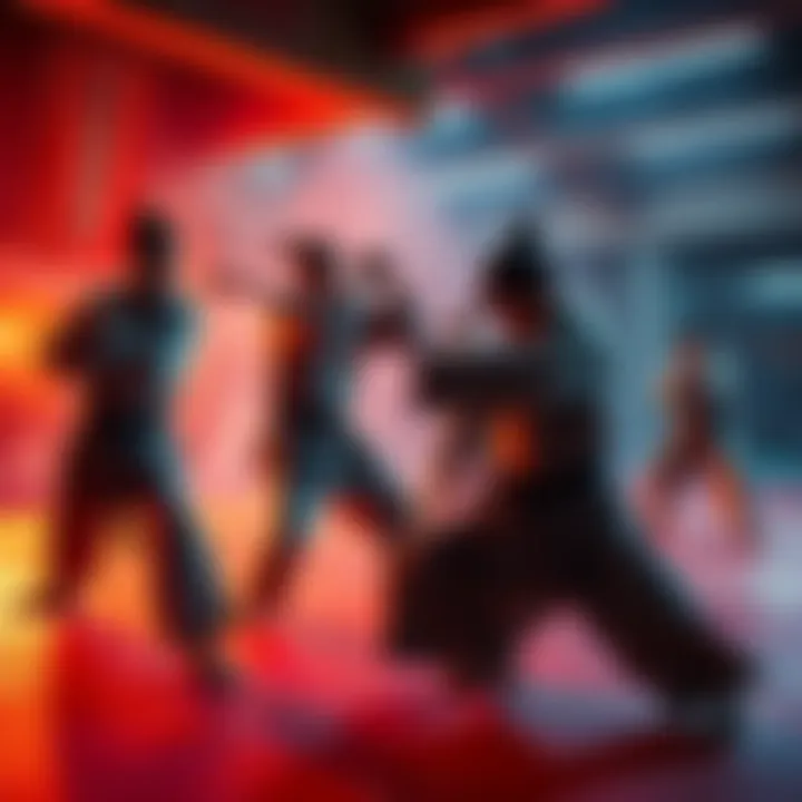 A group of martial arts students practicing Yuji Higuruma Kenjaku techniques in a dojo