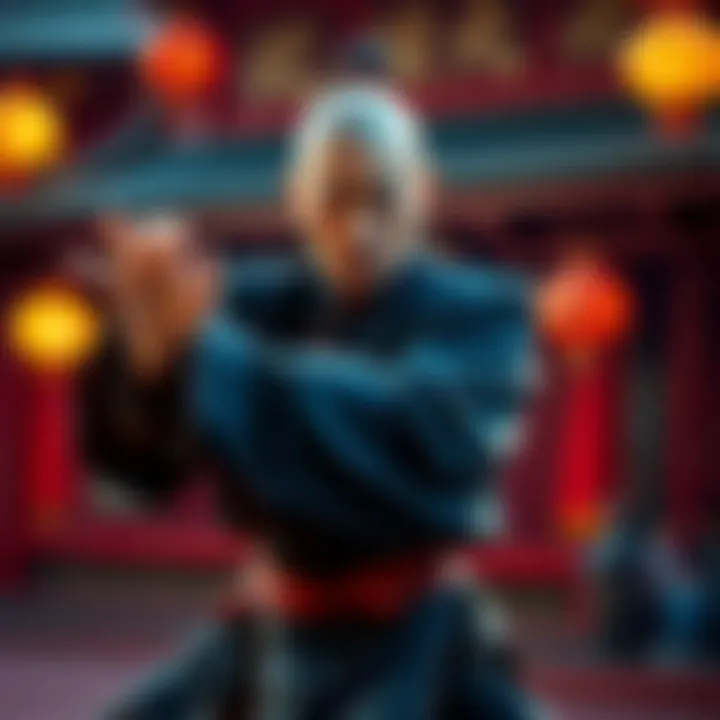 A martial artist in traditional Kung Fu attire performing a Kung Fu stance with focused expression