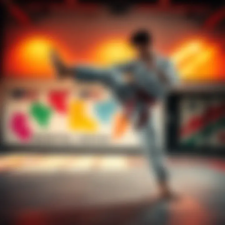 A martial artist in a dojo executing a spinning kick, showcasing strength and balance, with a colorful backdrop representing various states.