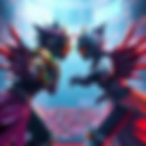 A dramatic illustration of Maru and Cross facing off in an intense competition, showcasing their unique strengths and strategies in a vibrant arena.