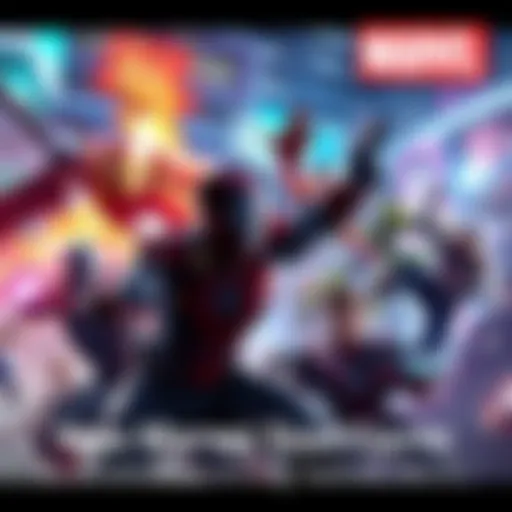 A colorful graphic showing superheroes from Marvel in action, with players engaging in a gaming environment, highlighting excitement for the new release in 2025.