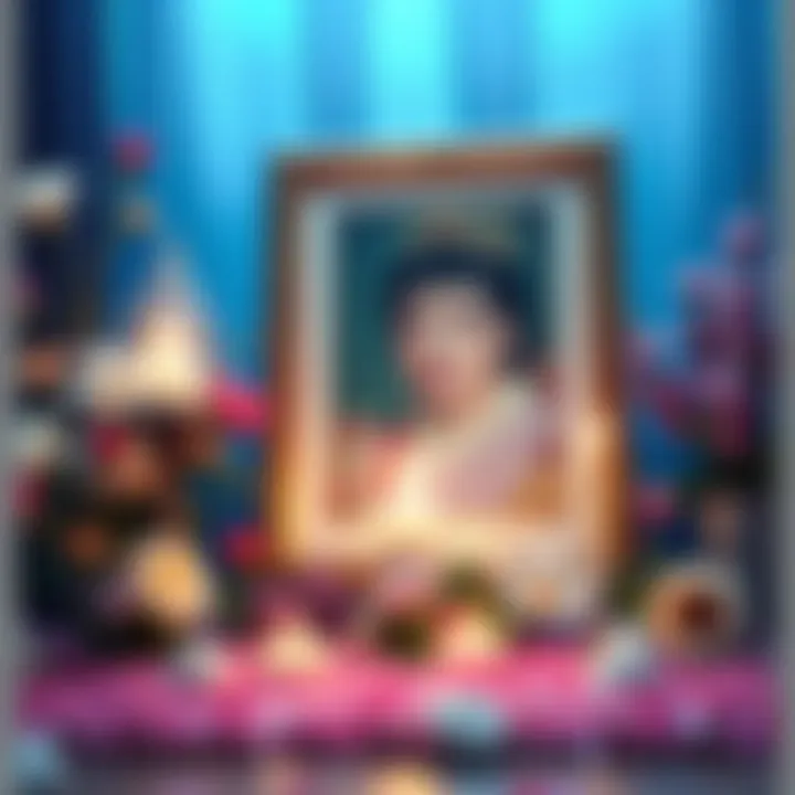 A candlelight tribute for Masako Ikeda, surrounded by flowers and a framed picture of her as the Chimera Ant Queen.