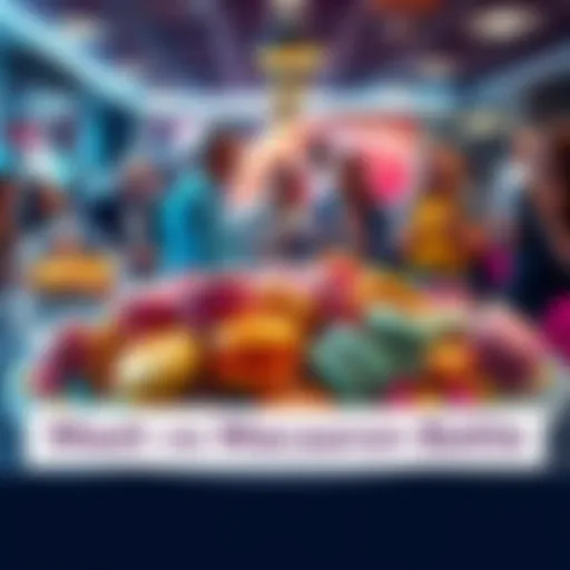 A colorful display of mashes and macarons on a table, symbolizing the upcoming culinary competition, with excited people chatting in the background.