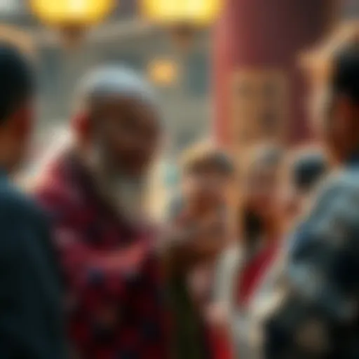A wise figure laughing while revealing unexpected lessons to a curious group of people