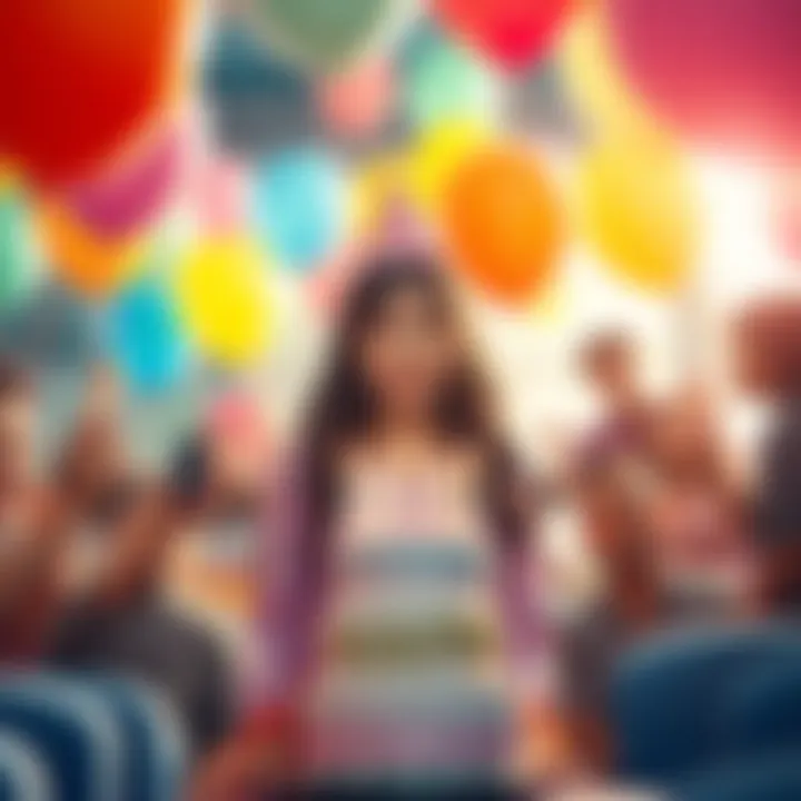 A colorful birthday scene with balloons and a cake featuring Maya Ibuki, surrounded by fans celebrating her special day.
