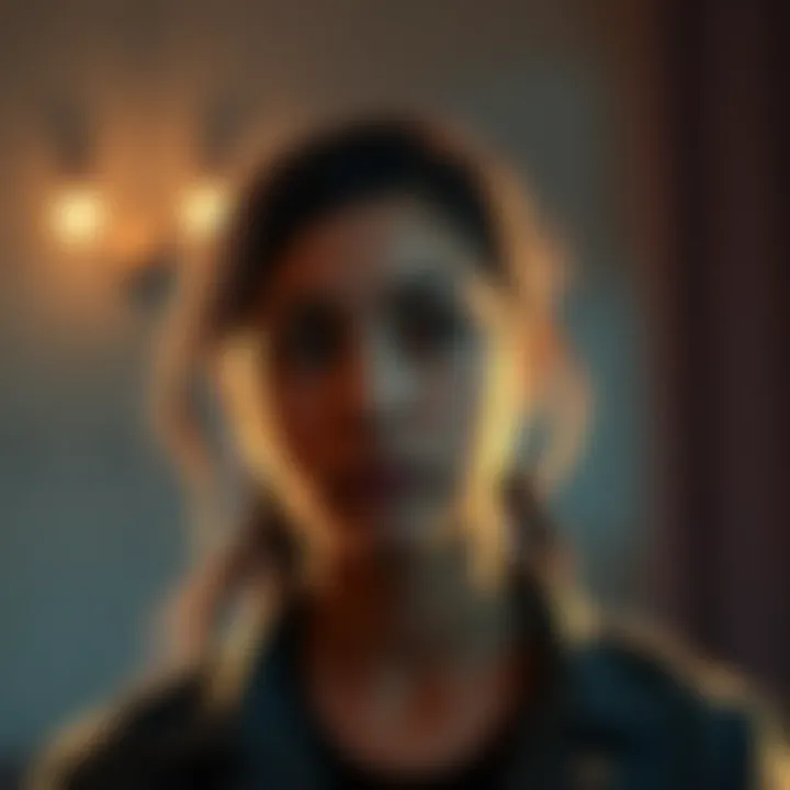 Maya with a serious expression, reflecting on her past heartbreak, surrounded by a somber atmosphere.