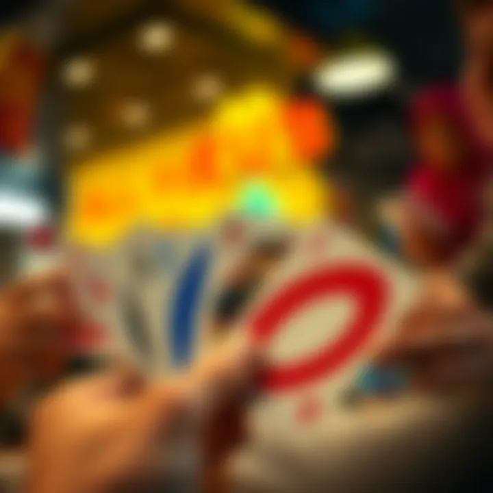 A close-up of McDonald's UNO cards showcasing the All for One feature, with players exchanging cards in a fun atmosphere