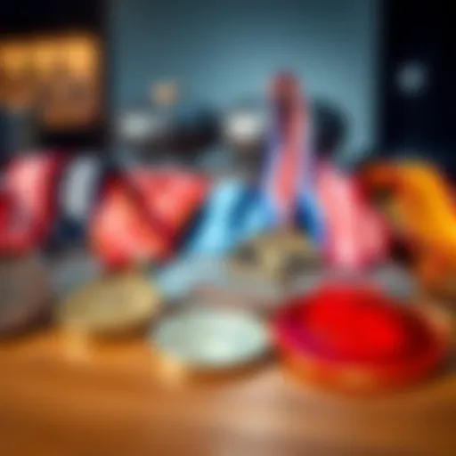A collection of various medals displayed on a wooden table, highlighting their shiny surfaces and different designs.