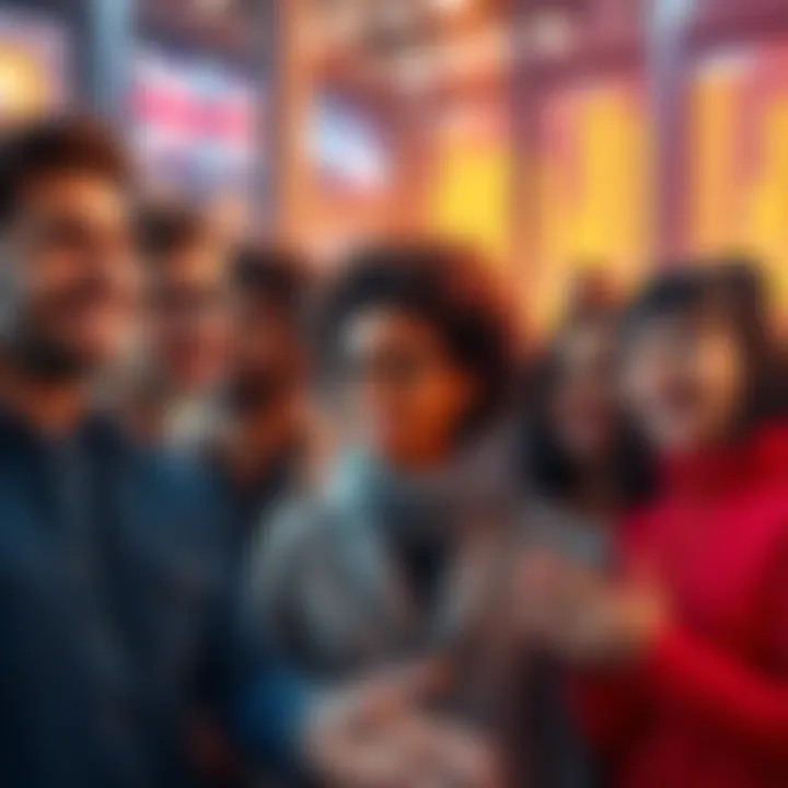 A group of diverse people reacting to a media panel display, showing various emotional expressions such as joy, surprise, and sadness.