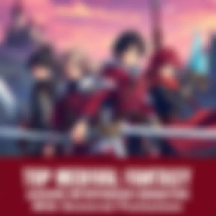 A group of diverse anime characters in medieval attire, showcasing unique weapons and expressions, set against a fantasy landscape with castles and forests.