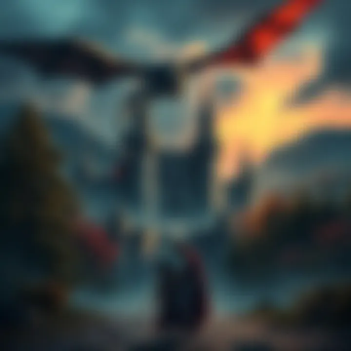 A knight in shining armor stands before a grand castle, with a dragon flying overhead and a forest in the background.