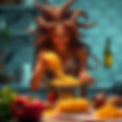 A mythical figure Medusa in a kitchen, stirring a pot of pasta with a playful expression.