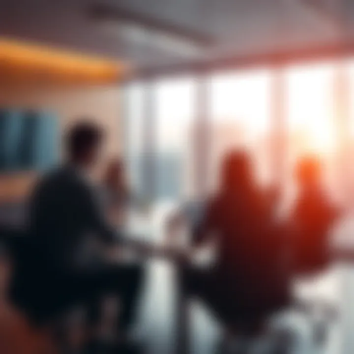 Employees discussing pay raises in a meeting room