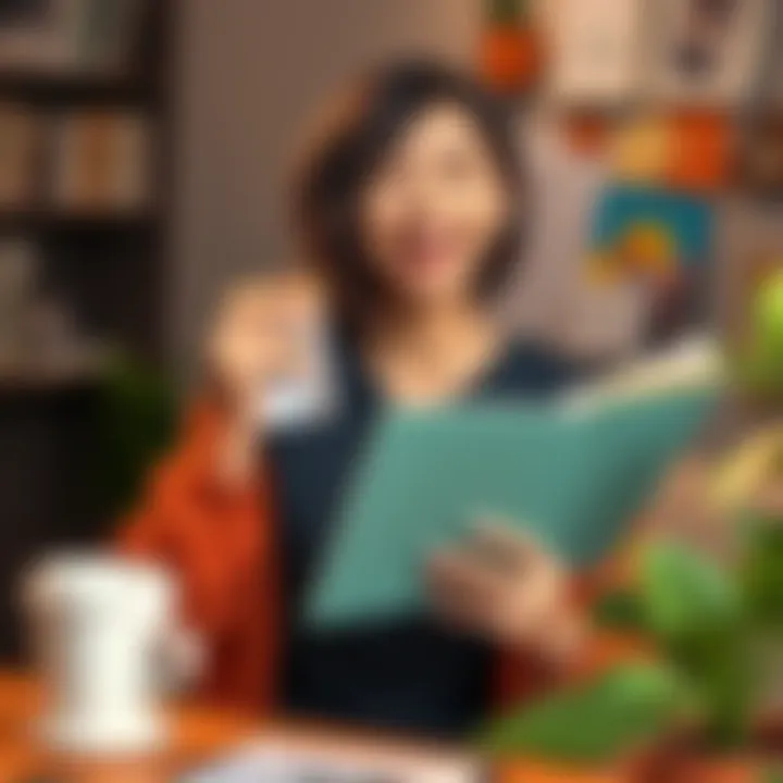 Megumi holding a colorful checklist while laughing, surrounded by everyday items like a coffee cup and a plant.