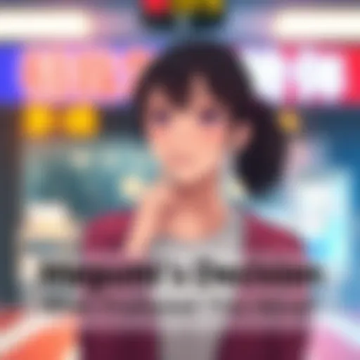Megumi standing in a thoughtful pose, contemplating a big choice, with a blurred background suggesting uncertainty.