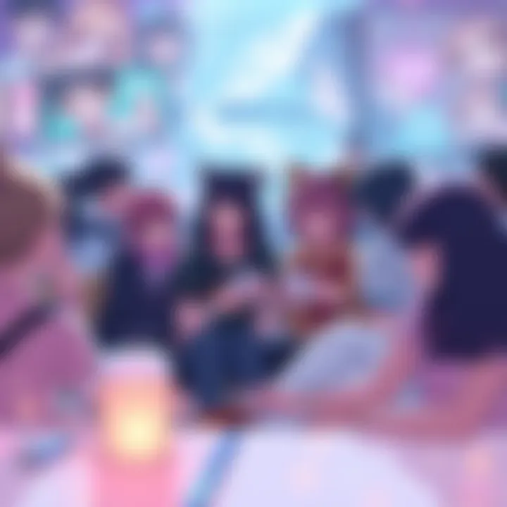 A group of fans passionately discussing their love for Megumi, sharing their thoughts on social media, surrounded by artwork of the character.