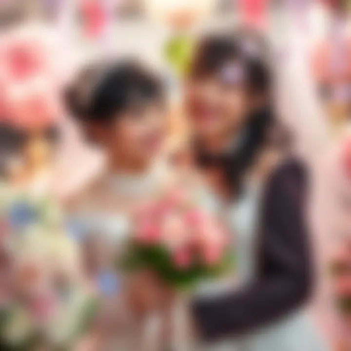 Megumi and Hana in Wedding Attire Megumi and Hana smiling together in wedding clothes, surrounded by flowers and decorations, celebrating their marriage.