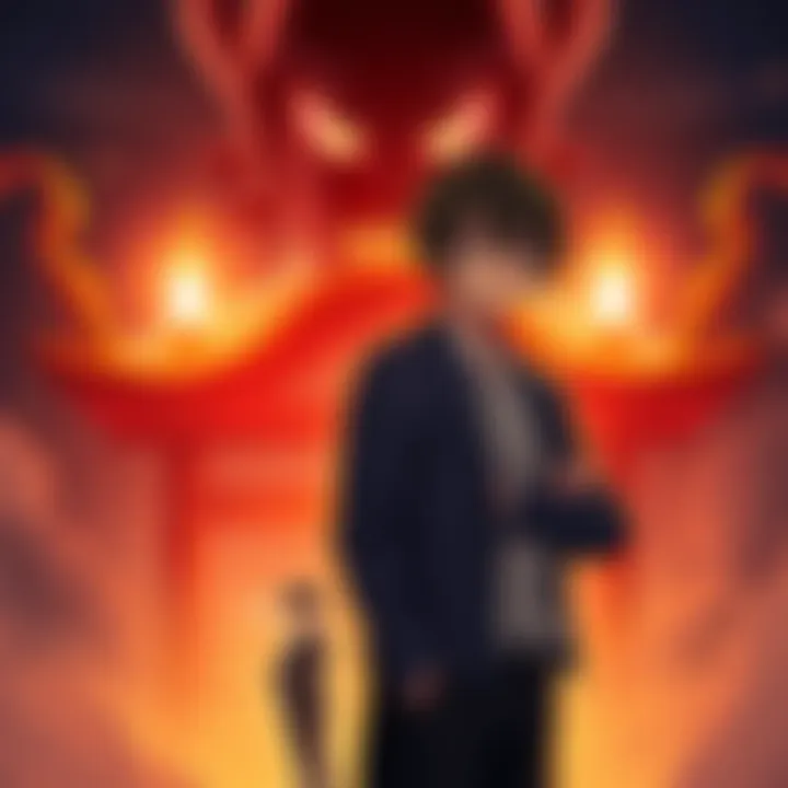 Megumi tricks Yuji about curses Megumi stands confidently while tricking Yuji, who looks confused, as a grade 2 curse looms ominously in the background