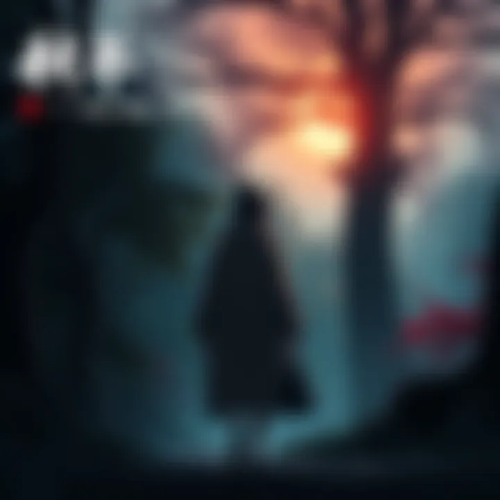 Mei Mei in Higuruma Domain Character Mei Mei standing in the Higuruma domain, surrounded by trees and a mysterious atmosphere, reflecting on her experiences.