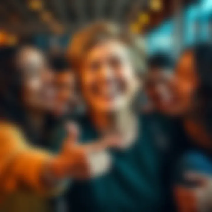 Mel appears cheerful and healthy, surrounded by supportive friends, spreading positivity