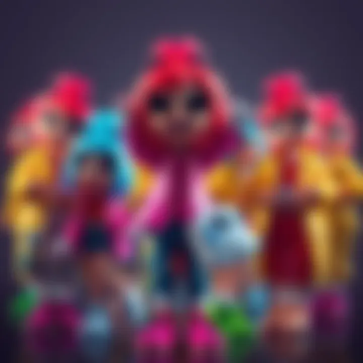 A group of stylish people dressed in vibrant outfits resembling the Mello Mii character, expressing excitement and creativity, showcasing the latest fashion trend.