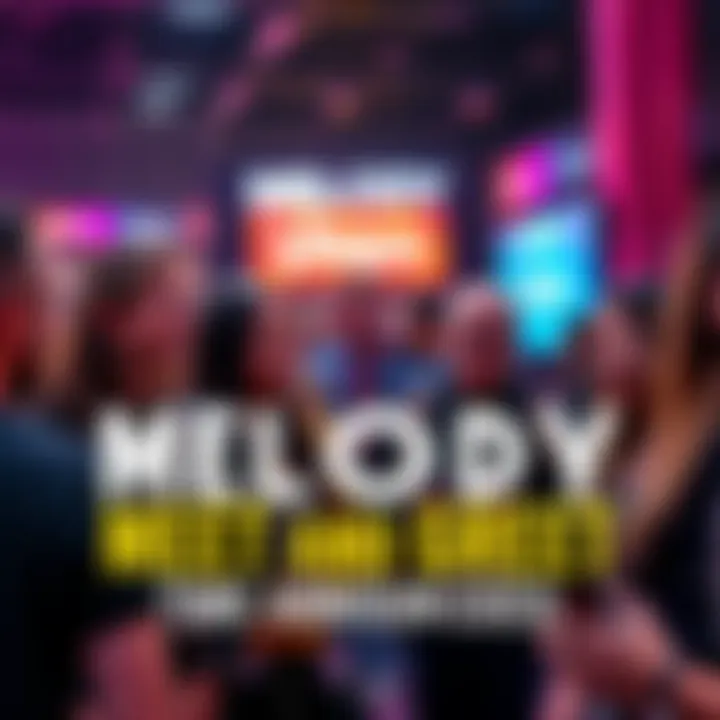A group of music fans gathering at the Melody Vexpo for a meet and greet, smiling and chatting with artists and fellow attendees.