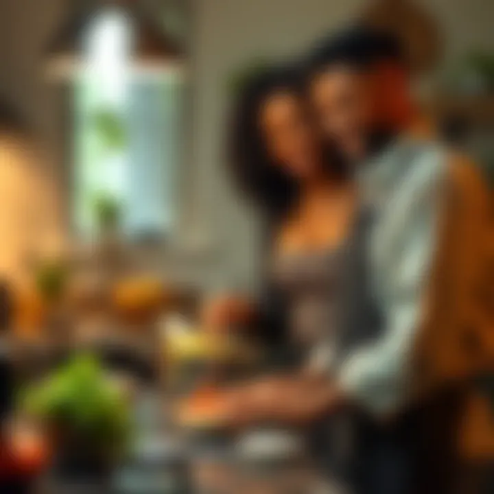 Melphiera cooking with Aristide by her side A scene of Melphiera cooking in a cozy kitchen, with Aristide, a monster-slayer, helping her. They share a warm smile, highlighting their teamwork and bond in the romcom.