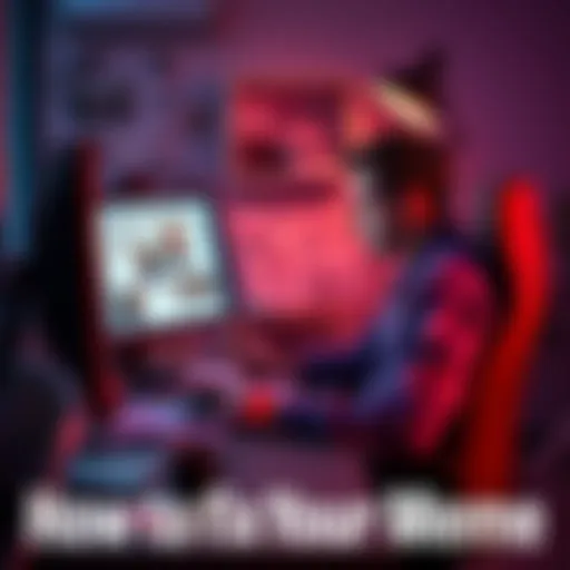 A person sitting at a desk with a computer, analyzing meme designs and making notes, looking focused on improvements.