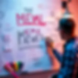 A person brainstorming catchy titles for memes on a whiteboard with doodles and colorful markers.