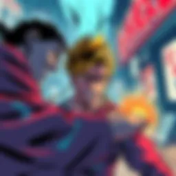 A colorful illustration showing a key moment from a famous manga, capturing intense emotion and action.