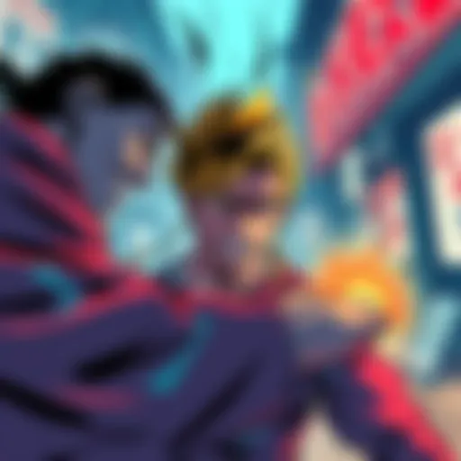 A colorful illustration showing a key moment from a famous manga, capturing intense emotion and action.
