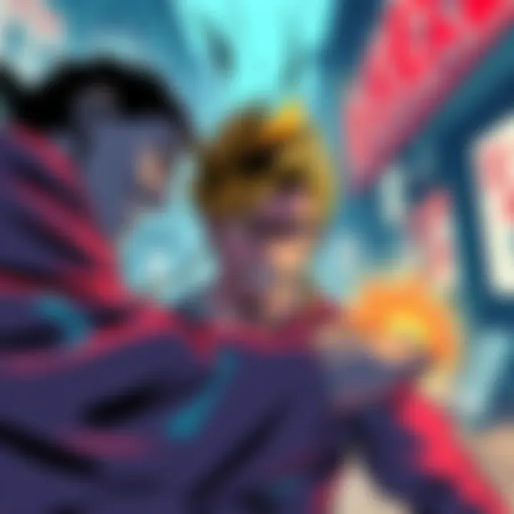 A colorful illustration showing a key moment from a famous manga, capturing intense emotion and action.