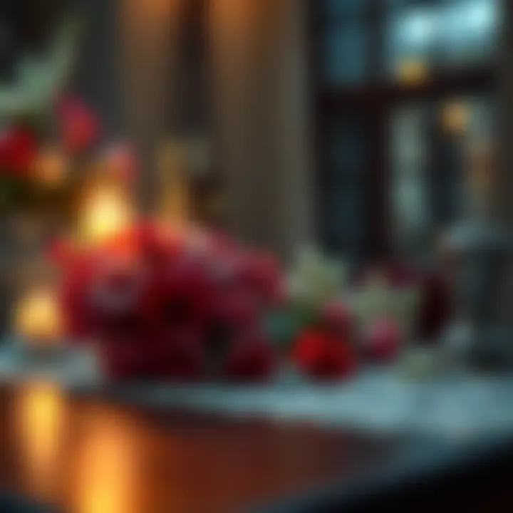 Memorial with Flowers A table adorned with flowers and a candle, symbolizing remembrance for a loved one who has passed away.