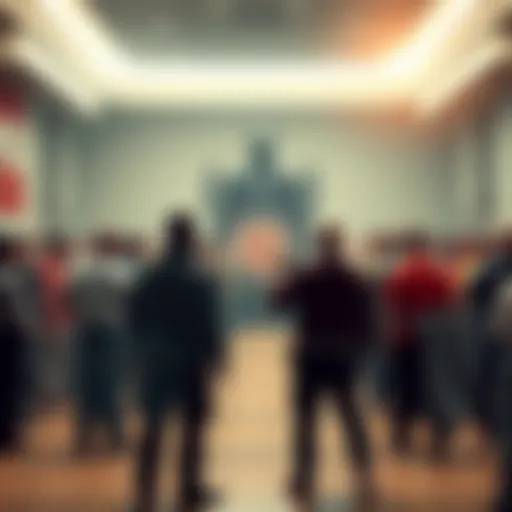 Men Confronting Bullseye A tense scene with 100 average men standing in a hall, facing a heavily armed figure known as Bullseye, highlighting the standoff situation.