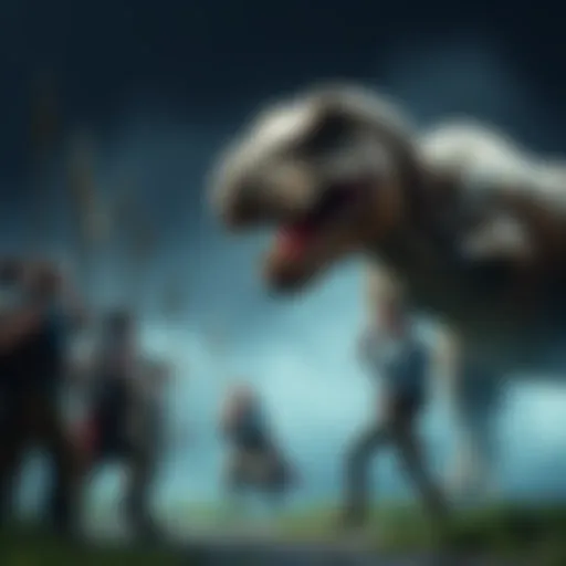 A group of average men standing with spears facing a large Tyrannosaurus rex, showcasing a hypothetical battle scenario.