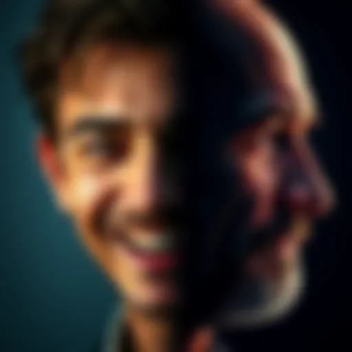 A split image showing a man with contrasting expressions, one side smiling and the other side contemplative, representing the complexity of men's personalities.