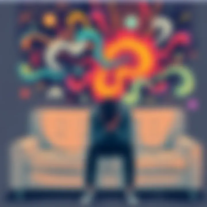 A person sitting on a couch with their head in their hands, surrounded by chaotic thoughts represented by swirls and colors