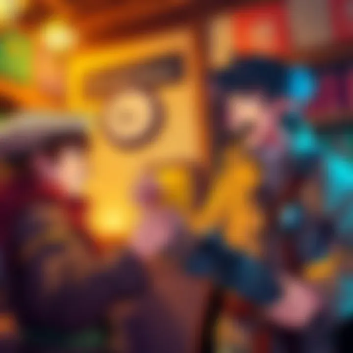 A merchant excitedly hands a gold card to an adventurer inside a lively tavern, capturing the moment of surprise.