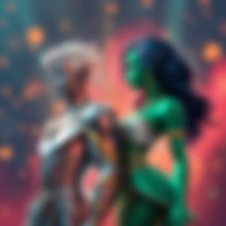 Mercury and Emerald standing side by side, showing their unique traits and connection, with a vibrant background that represents their relationship.