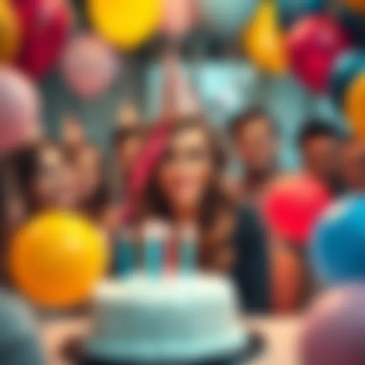 A festive scene celebrating Meredith McCoy's birthday with balloons and cake, surrounded by friends and fans.