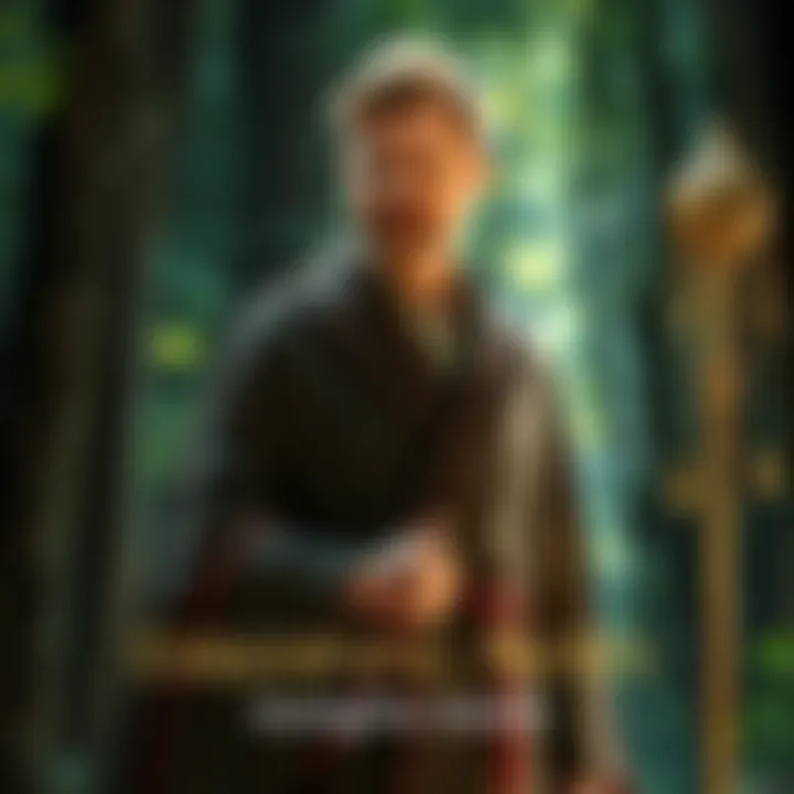 Merlin stands in a forest, wearing a robe, holding a staff, with a thoughtful expression, symbolizing his dual nature as both a hero and a villain.