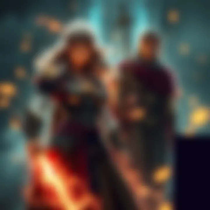 Merlin standing confidently with a magical aura, preparing to rescue her friends, with Lancelot in the background looking uncertain.