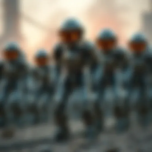 A group of Metal Coolers, metallic robotic figures with glowing eyes, stands ready for battle in a futuristic setting.