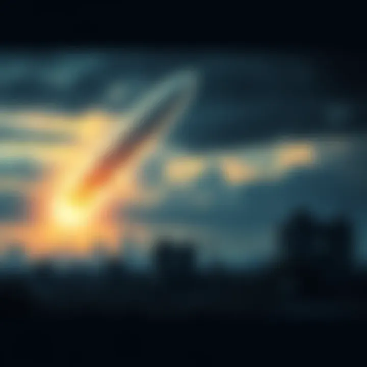 A glowing meteorite heading toward a city skyline, with abandoned buildings in the foreground and dark clouds above.