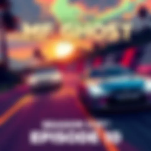 A vibrant illustration featuring a racing scene from MF Ghost with cars speeding on a scenic road, representing the excitement of Episode 10.