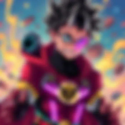 A colorful illustration featuring a popular My Hero Academia character, showcasing their unique costume and hero traits