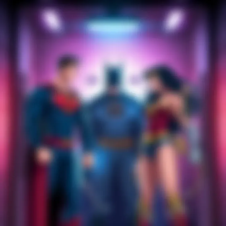 Main characters from MHA interact with Superman, Batman, and Wonder Woman in a locked room.
