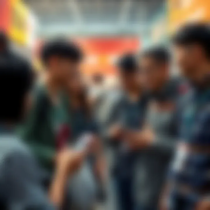 A group of My Hero Academia fans interacting with Gachikuta enthusiasts at a convention, showcasing shared interests and activities.