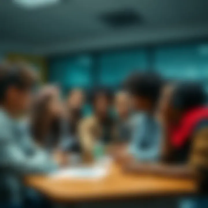 A group of 20 diverse students from MHA, each with unique styles, gathered in a classroom setting, sparking conversation about who might have the lowest grades.