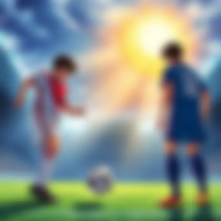 Michael focuses as he readies for the decisive free kick against Tsubasa, both players in intense stance on the soccer field